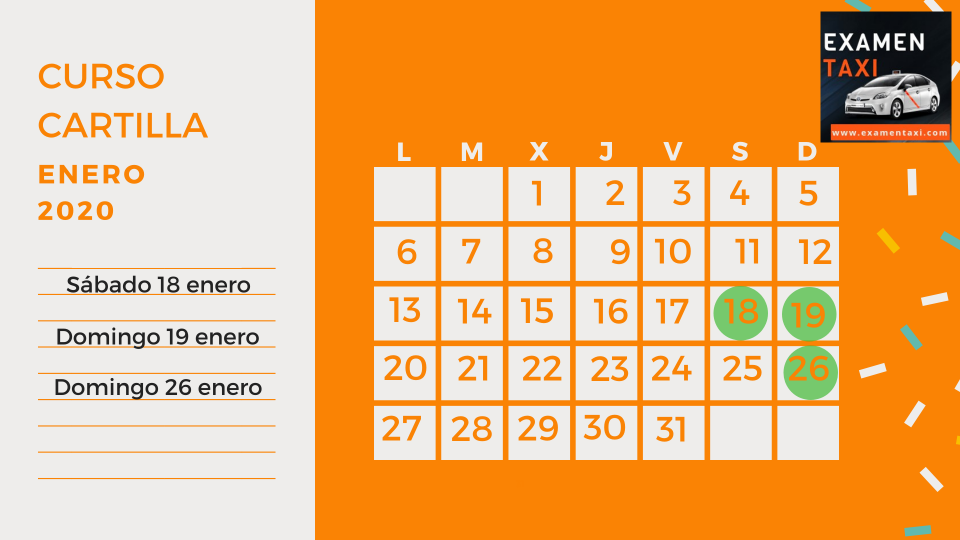 Calendario Curso Cartilla de Taxi Enero 2020